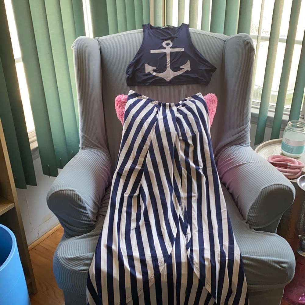 Navy Anchor Crop Top & Striped Maxi Skirt Set - Navy/White